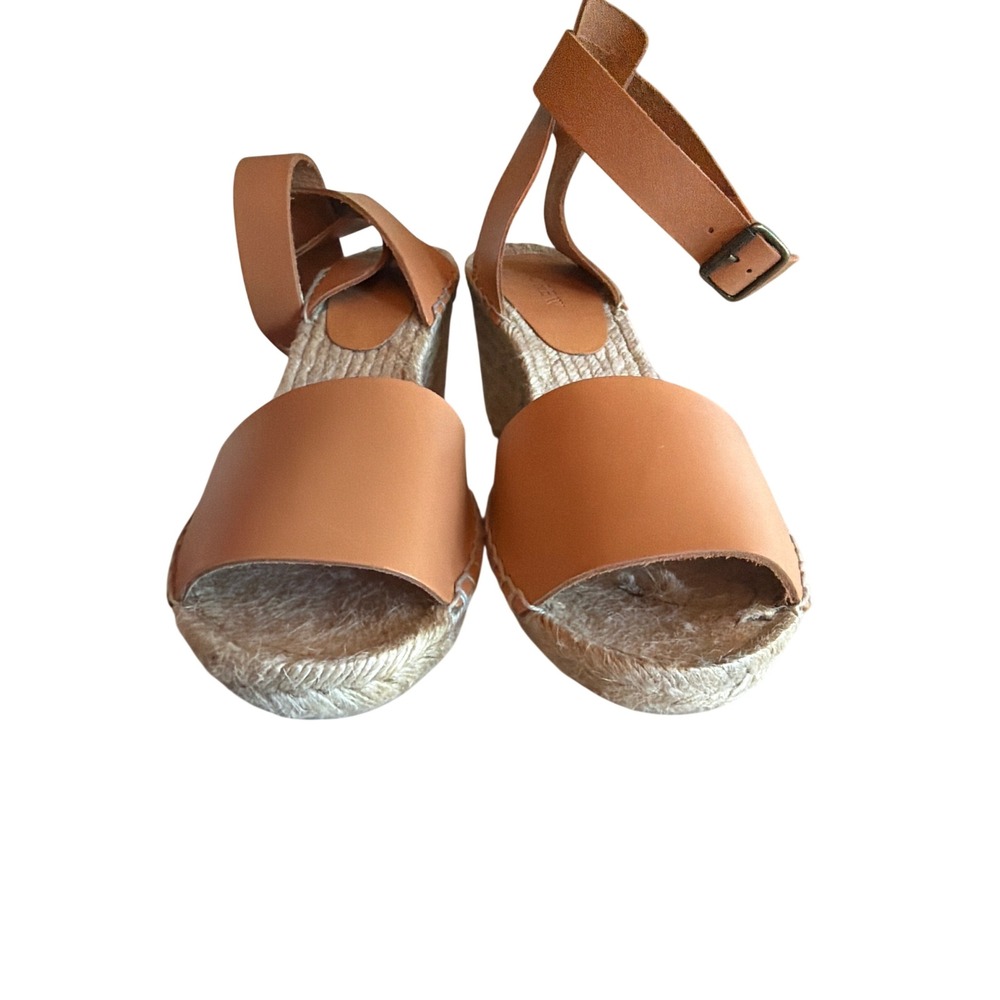 J.Crew Wedge Sandals Tan Leather C4755 Espadrille Ankle Strap Women 10 High Heel - Picture 4 of 7